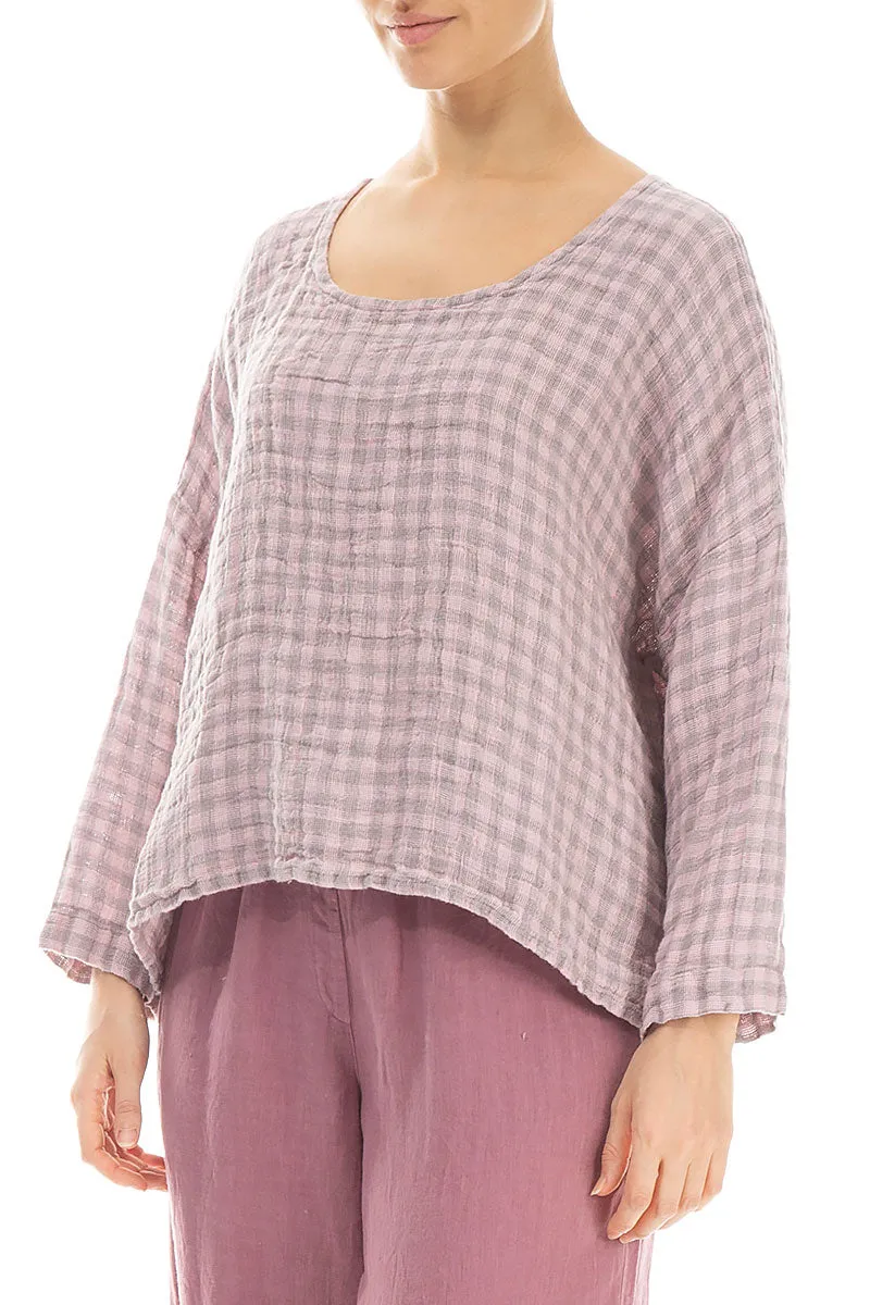 Loose Pink Check Linen Blouse