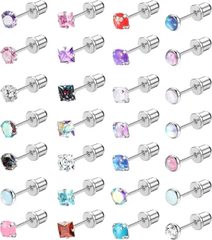 LOYALLOOK 28Pcs Hypoallergenic Stud Earrings Set for Women Men 316L Stainless Steel Cartilage Flat Back Stud Earrings CZ Opal Screwback Earrings Studs Piercing Jewelry Multicolored 20G