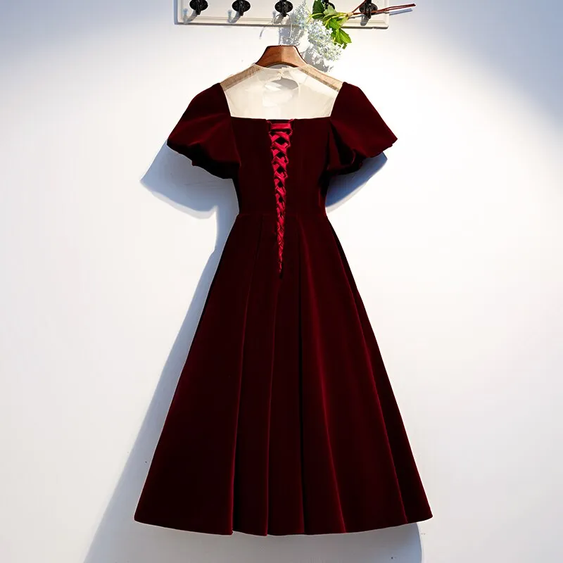 Luolandi Burgundy Velvet Scoop Lace Up A Line Homecoming Dresses Short Prom Dresses Evening Dresses