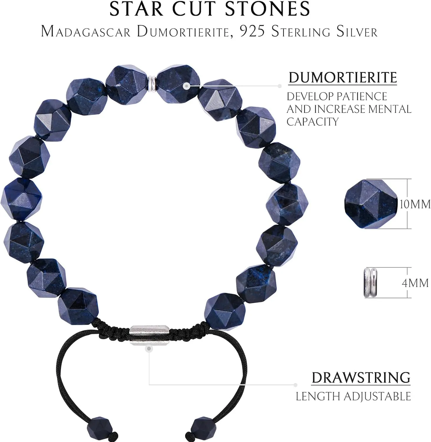 Men's Beaded Bracelet for Men 10mm Natural Stone Braided Bracelet with Sterling Silver Closure Gift for Men