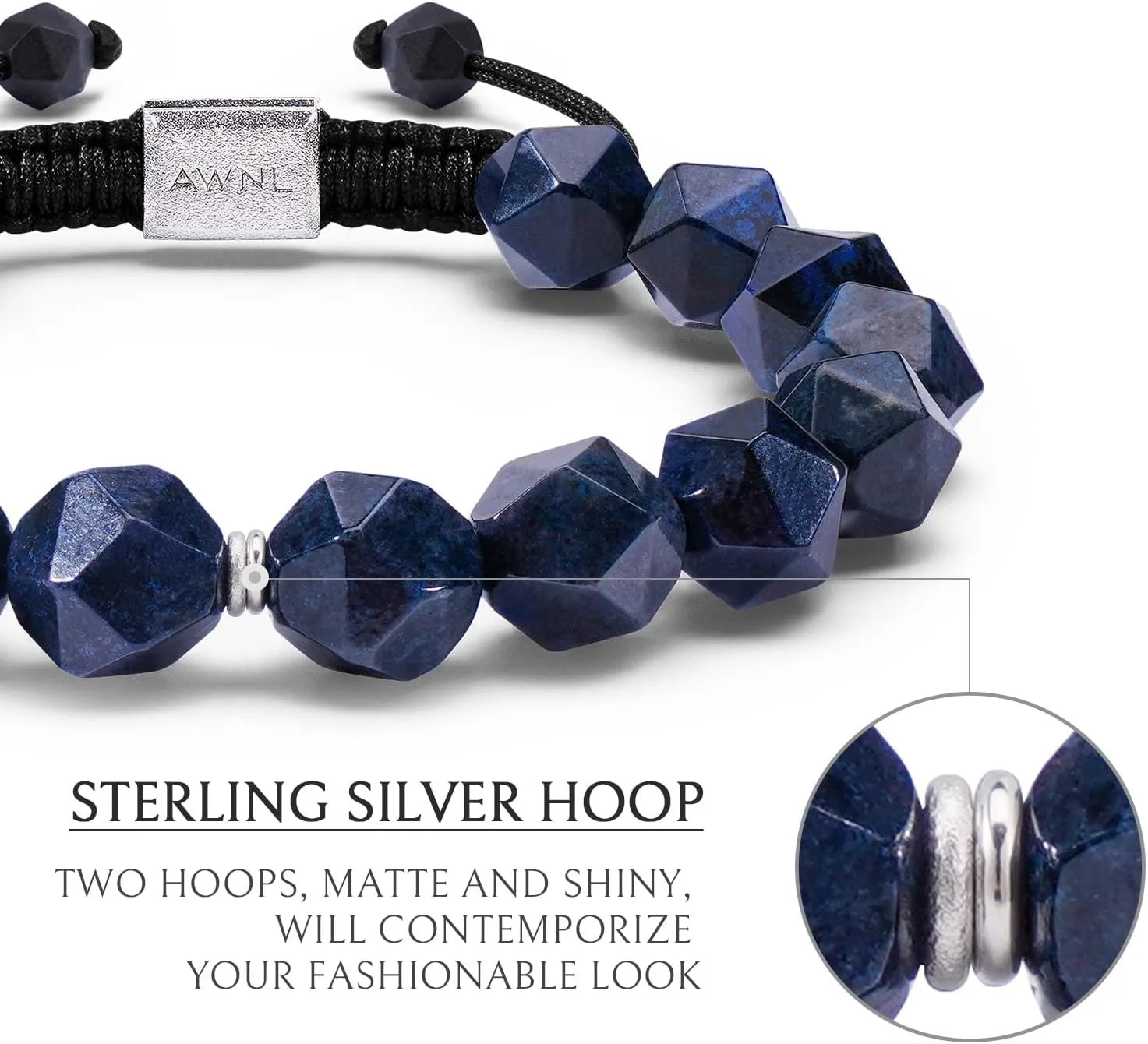 Men's Beaded Bracelet for Men 10mm Natural Stone Braided Bracelet with Sterling Silver Closure Gift for Men