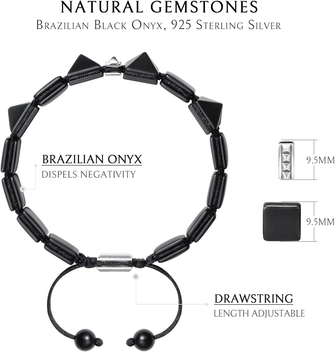 Men's Flatbead Bracelet with Sterling Silver Centre Charm Braided Bracelet Natural Gemstones Gift for Men (9.5mm Stone), 5.7"-7.5"