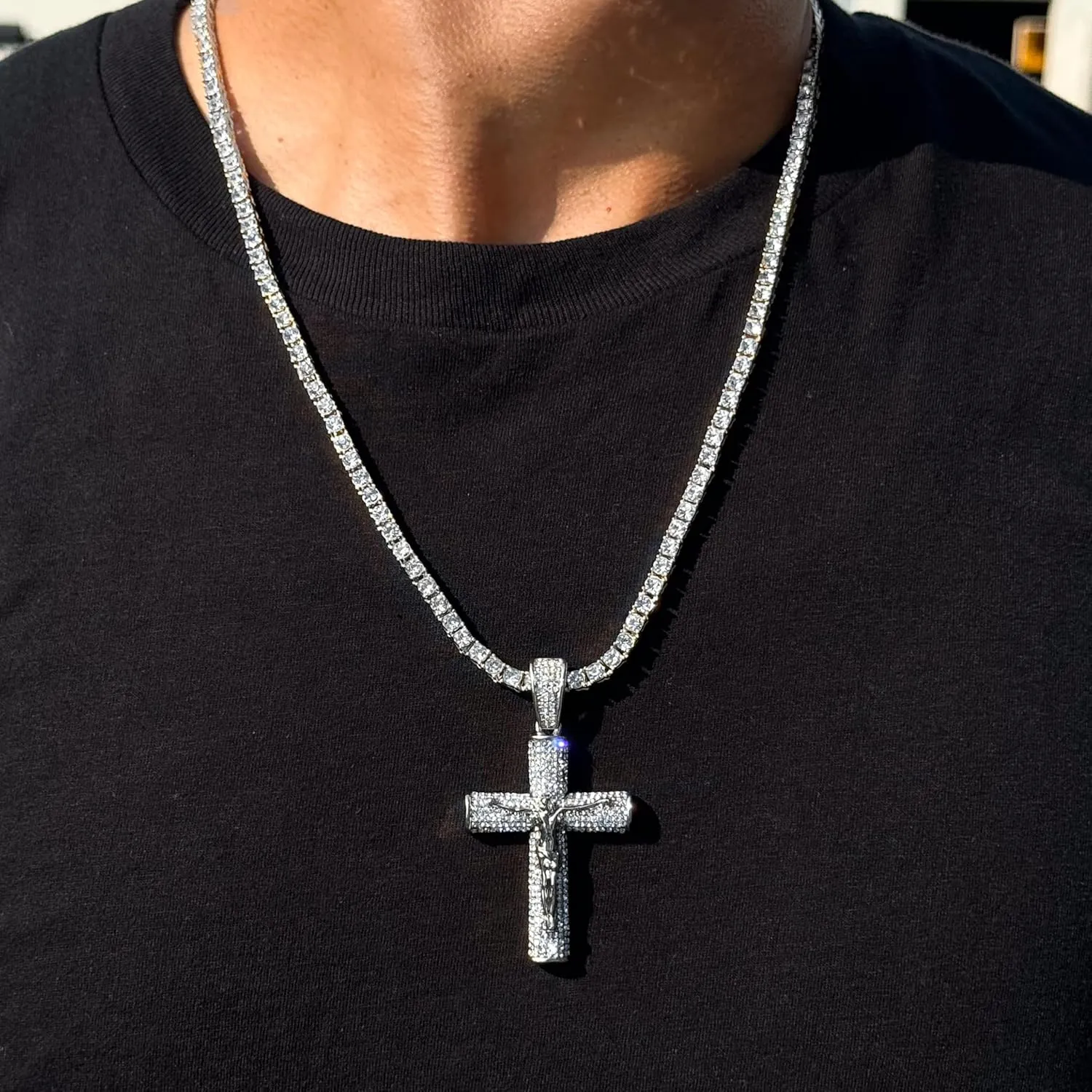 Mens Iced-Out Religious Pendant with 3mm Tennis Chain  Hip-Hop Cross Necklace, Luxury Statement Jewelry, Gift for Him