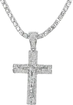 Mens Iced-Out Religious Pendant with 3mm Tennis Chain  Hip-Hop Cross Necklace, Luxury Statement Jewelry, Gift for Him