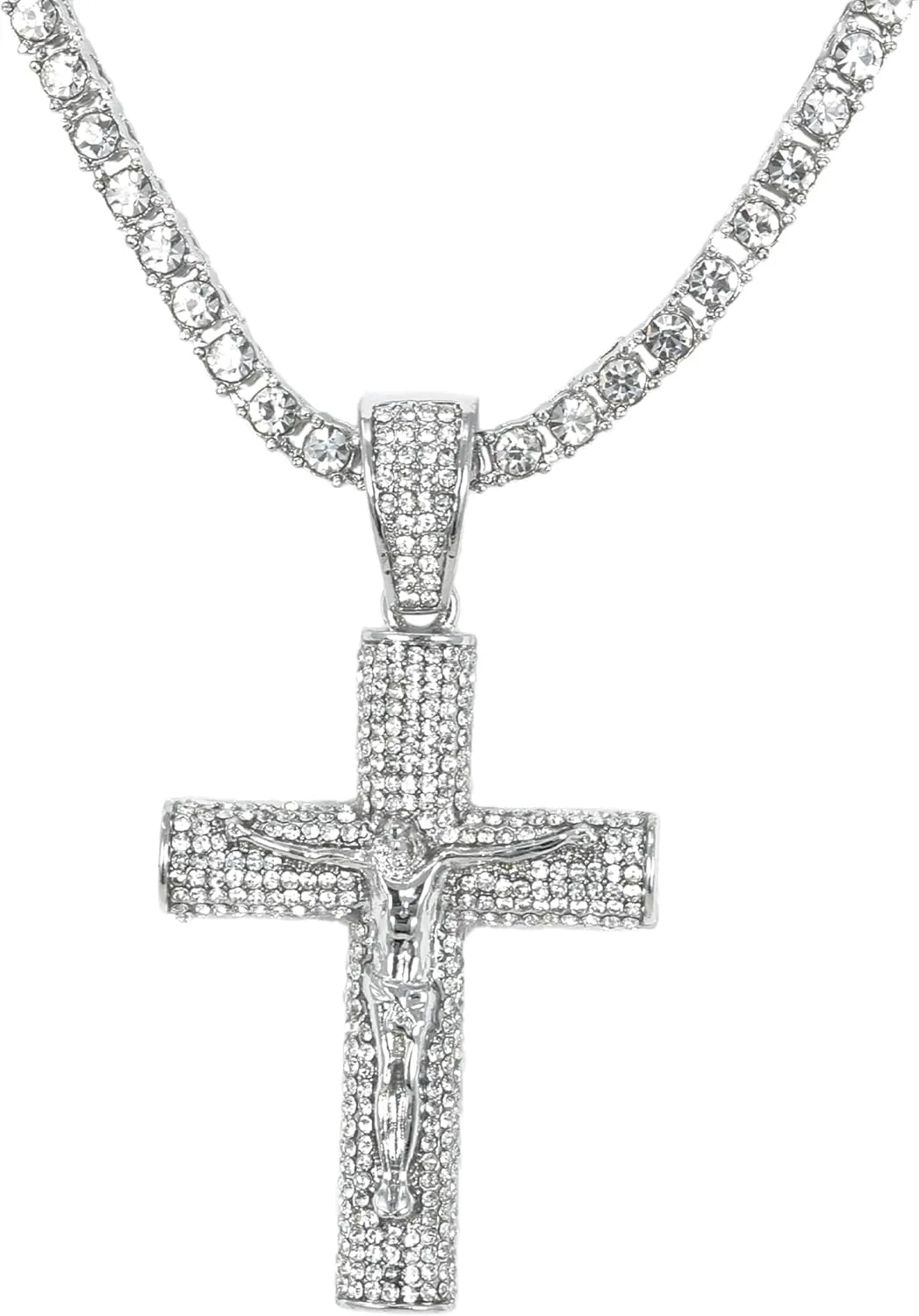 Mens Iced-Out Religious Pendant with 3mm Tennis Chain  Hip-Hop Cross Necklace, Luxury Statement Jewelry, Gift for Him