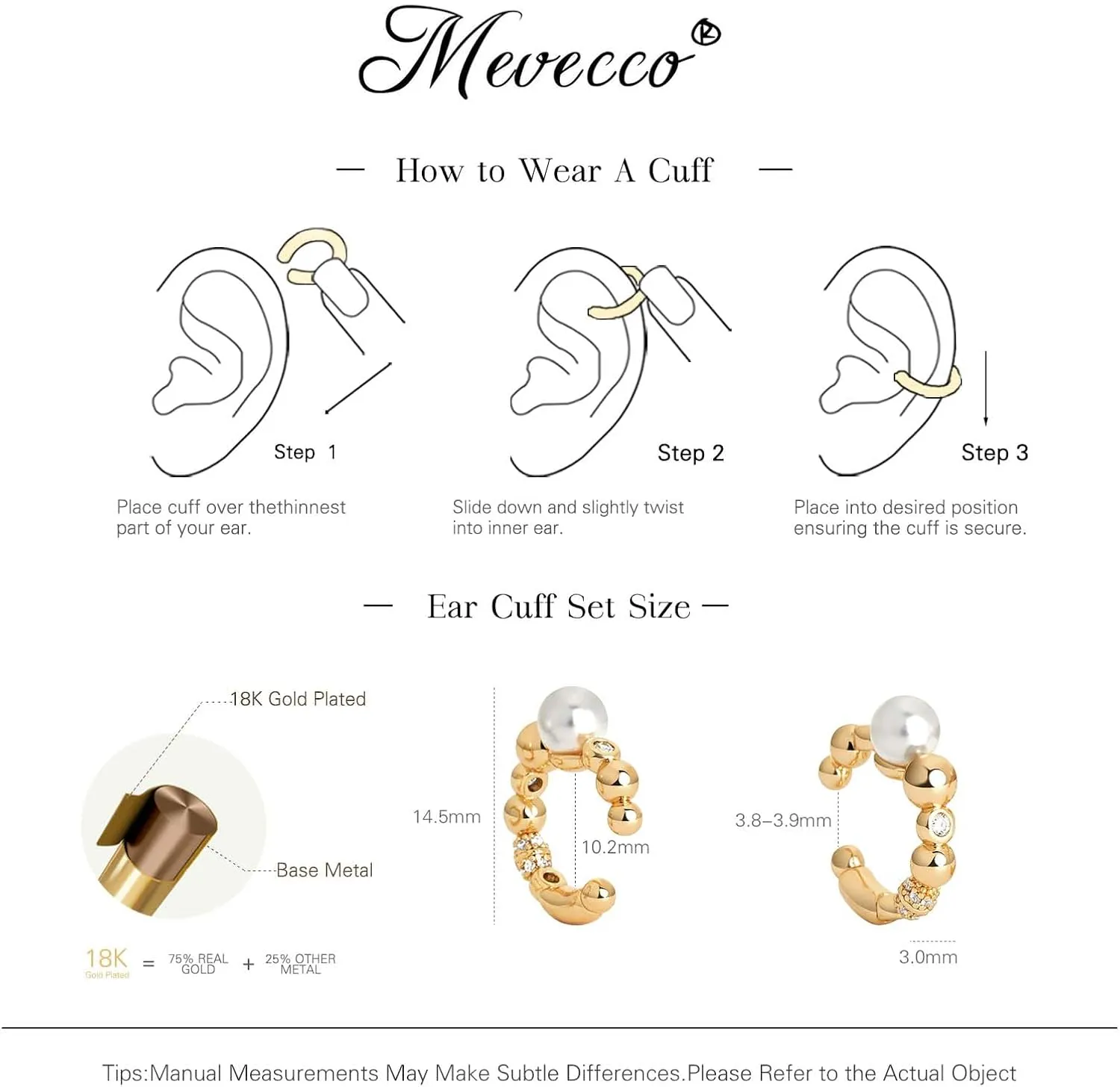 MEVECCO Ear Cuffs Non Piercing 18K Gold Plated Ear Cuff Earring Sets Clip on Cartilage Cubic Zirconia Pearl Minimalist Hypoallergenic Fake Hoop Earrings Stack Women Gifts