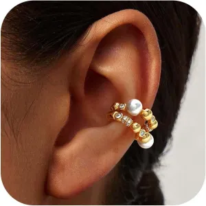 MEVECCO Ear Cuffs Non Piercing 18K Gold Plated Ear Cuff Earring Sets Clip on Cartilage Cubic Zirconia Pearl Minimalist Hypoallergenic Fake Hoop Earrings Stack Women Gifts
