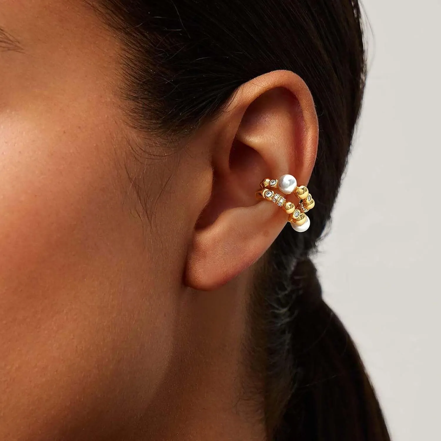 MEVECCO Ear Cuffs Non Piercing 18K Gold Plated Ear Cuff Earring Sets Clip on Cartilage Cubic Zirconia Pearl Minimalist Hypoallergenic Fake Hoop Earrings Stack Women Gifts