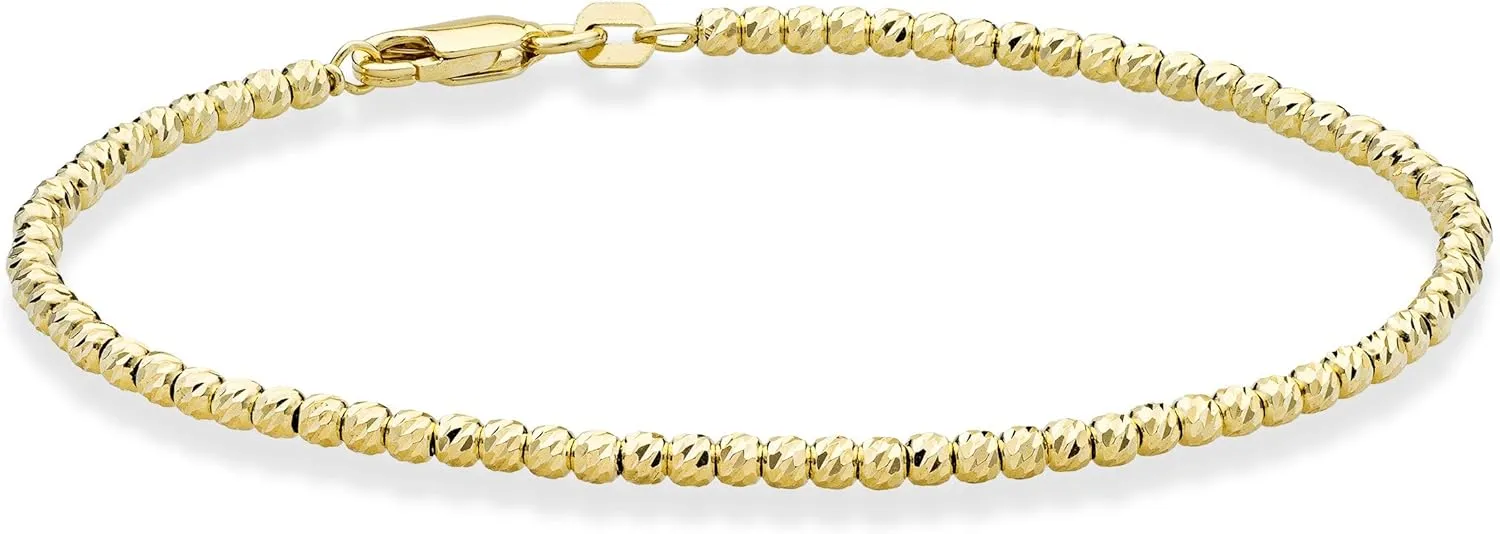 Miabella 925 Sterling Silver or 18K Yellow Gold Plated Diamond-Cut 2.5mm Bead Ball Chain Bracelet for Women, Made in Italy