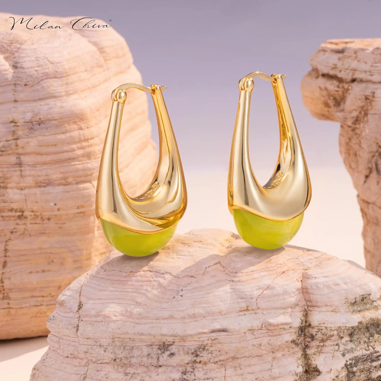 Milan Chiva 14K Gold Acrylic Rectangle Clear Earrings for Women, Plated Chunky Earrings Geometric Minimalist Statement Lightweight Huggie Dainty Hypoallergenic Hoop Earrings for Womens Jewelry