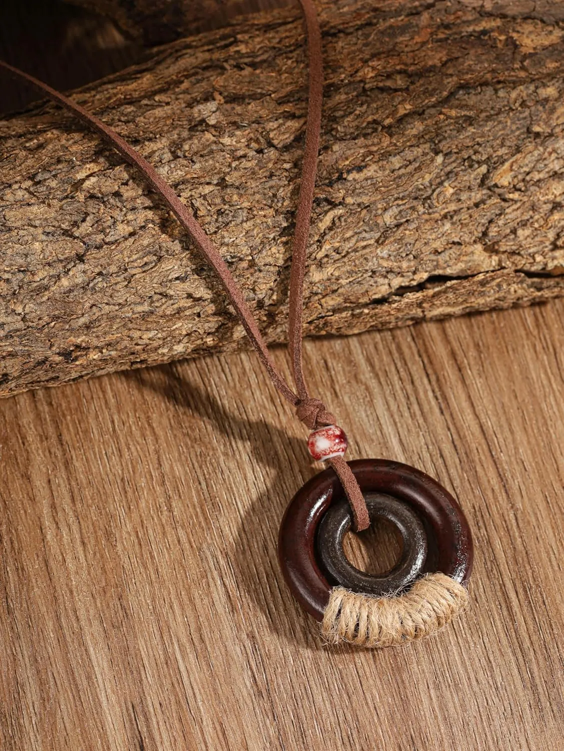 MINACHI Ethnic Boho Chic Double Wooden Ring Circle Necklace, Vintage Bohemian Summer Statement Jewelry Gift for Women