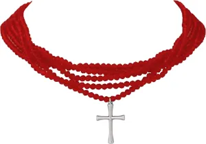 Minimal Simple Dainty Layered Beaded Cross Choker Grunge Necklace Jewelry for Women Grungy, Rave House Party Cross Beaded Necklaces Outfit Aesthetic