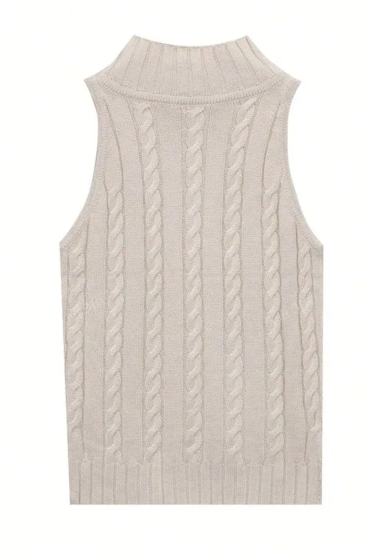 Mock Neck Cable Knit Sleeveless Top