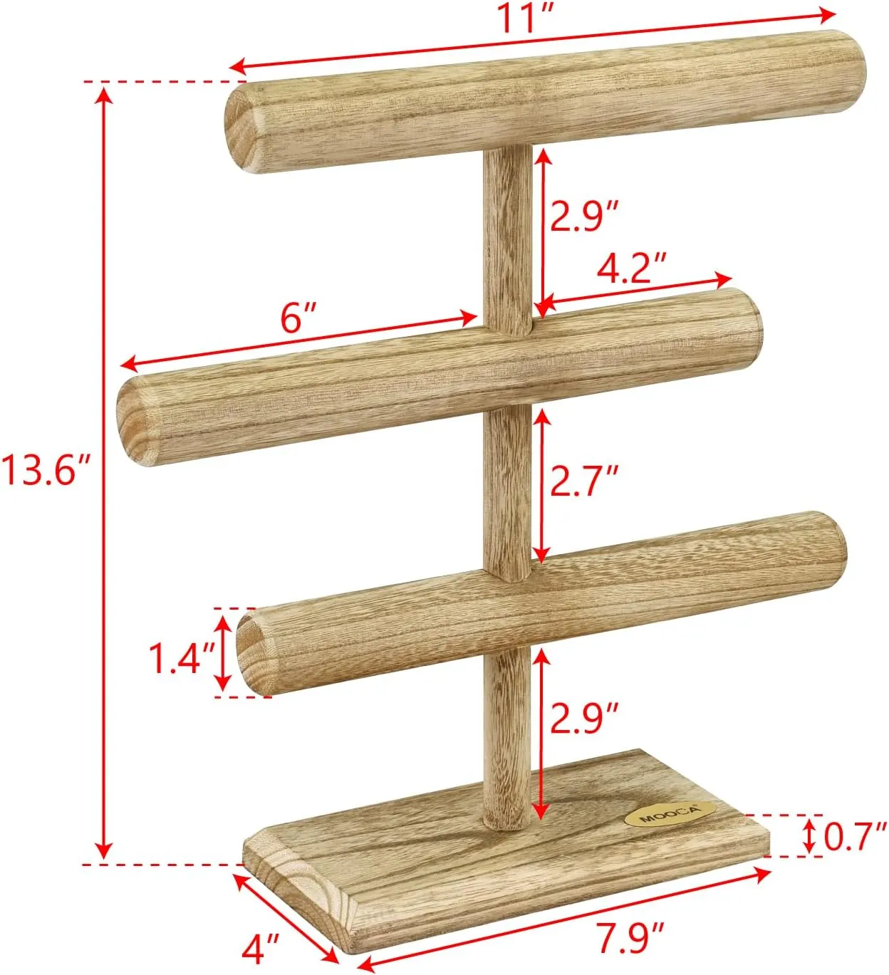 MOOCA Free Assembly 3-Tier Wooden Jewelry Display Stand, Bracelets, Necklaces, Watches, Bangles Holder Stand, Accessory Display Storage Organizer, Oak Color