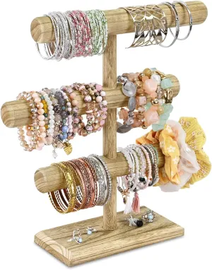 MOOCA Free Assembly 3-Tier Wooden Jewelry Display Stand, Bracelets, Necklaces, Watches, Bangles Holder Stand, Accessory Display Storage Organizer, Oak Color