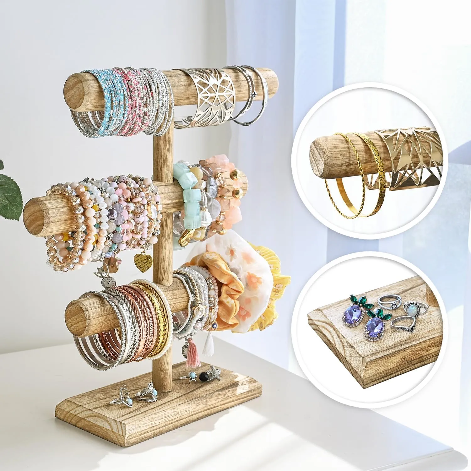 MOOCA Free Assembly 3-Tier Wooden Jewelry Display Stand, Bracelets, Necklaces, Watches, Bangles Holder Stand, Accessory Display Storage Organizer, Oak Color