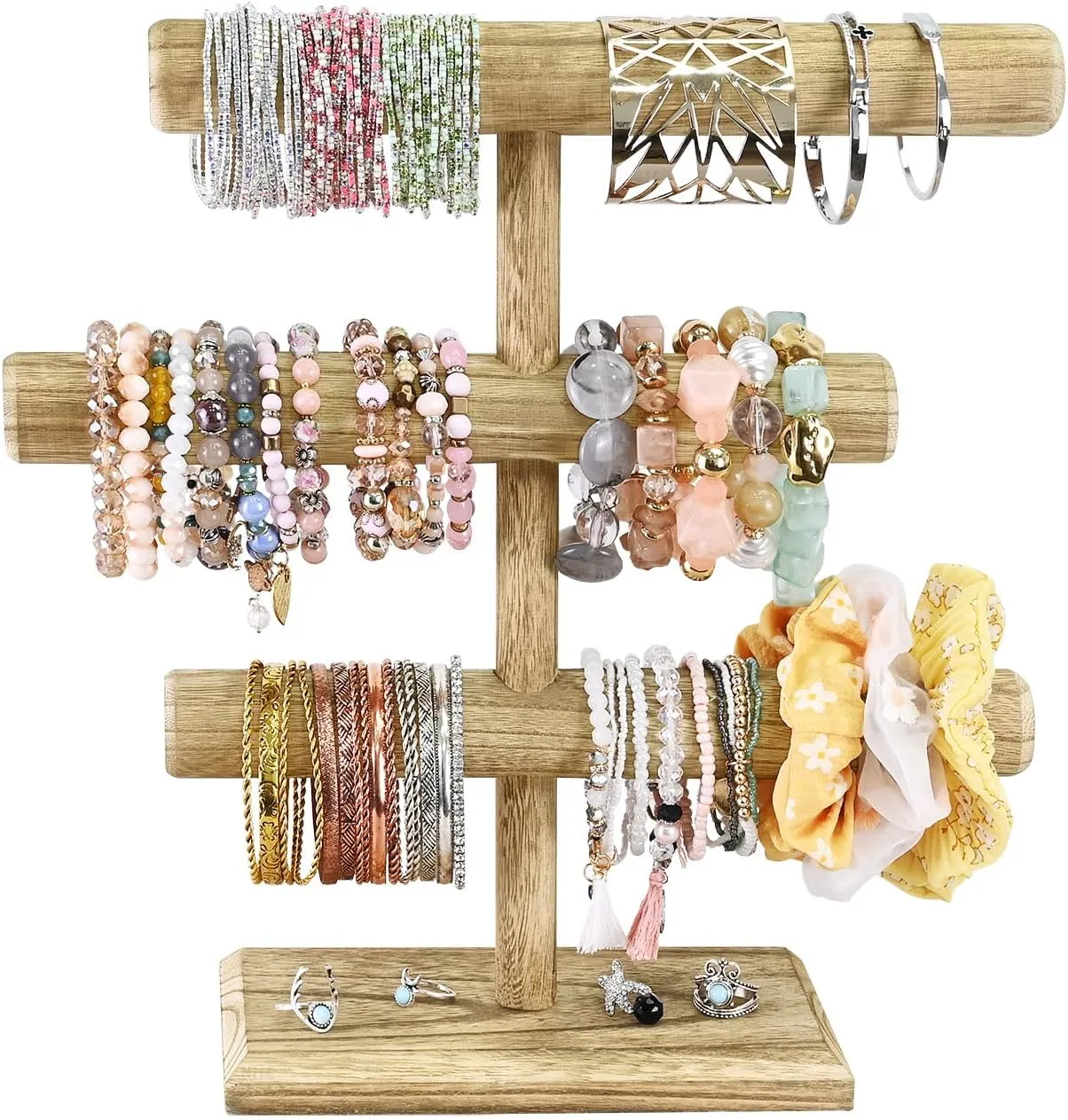 MOOCA Free Assembly 3-Tier Wooden Jewelry Display Stand, Bracelets, Necklaces, Watches, Bangles Holder Stand, Accessory Display Storage Organizer, Oak Color