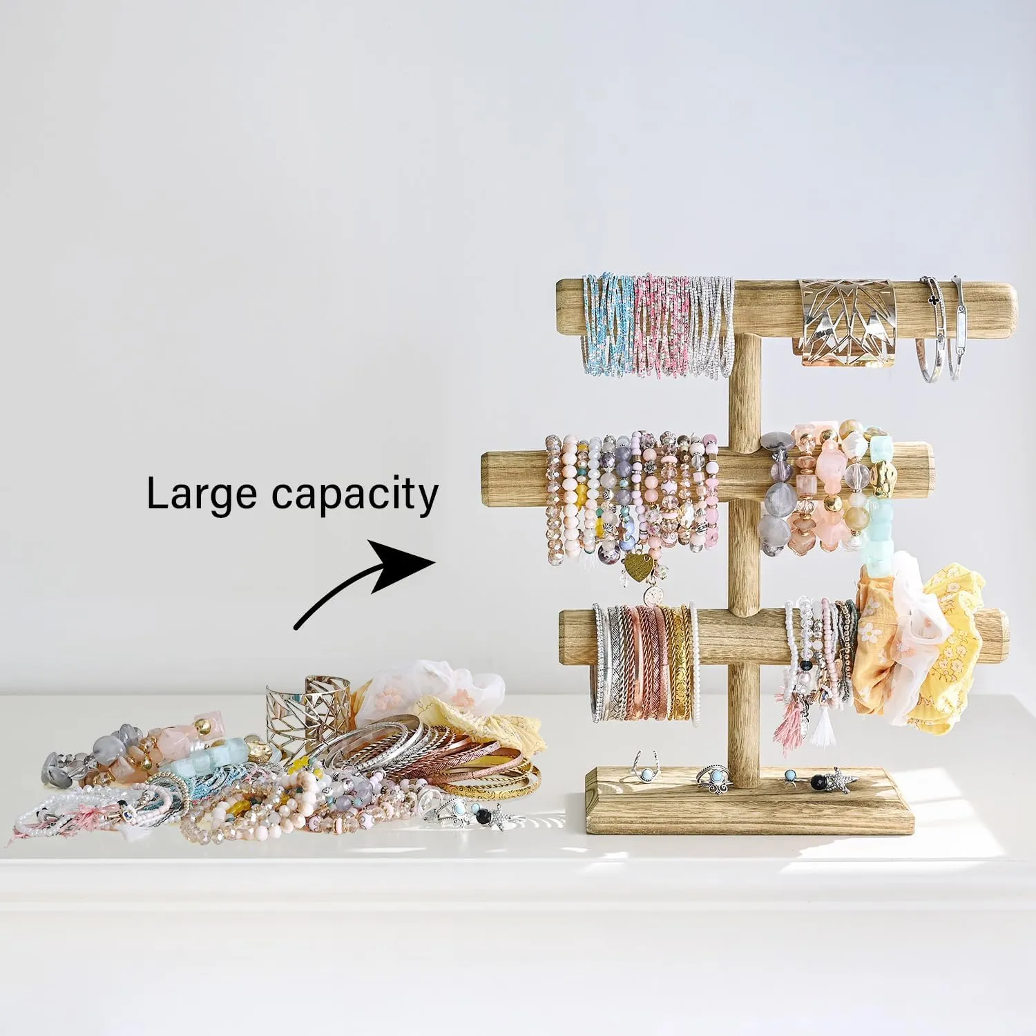 MOOCA Free Assembly 3-Tier Wooden Jewelry Display Stand, Bracelets, Necklaces, Watches, Bangles Holder Stand, Accessory Display Storage Organizer, Oak Color