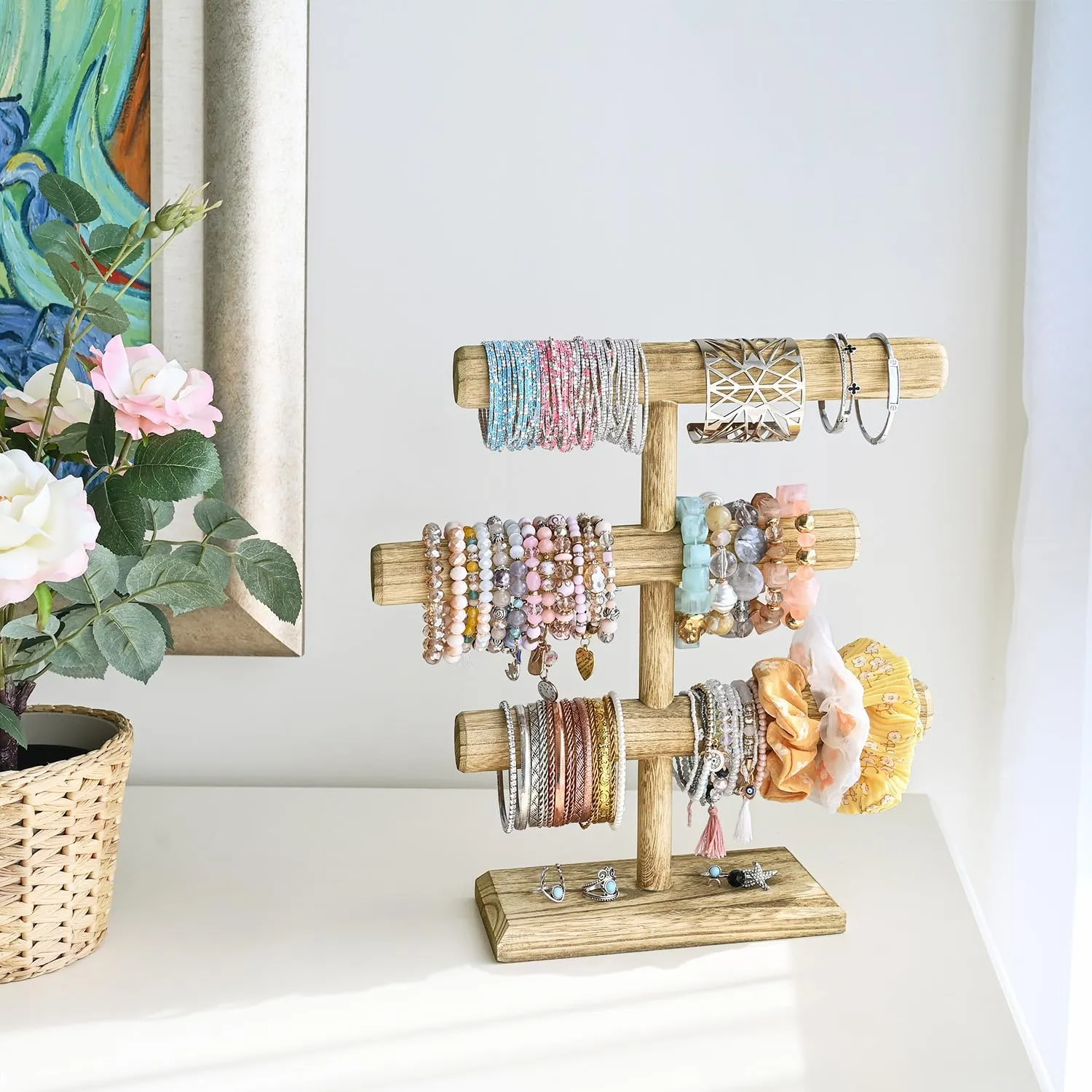 MOOCA Free Assembly 3-Tier Wooden Jewelry Display Stand, Bracelets, Necklaces, Watches, Bangles Holder Stand, Accessory Display Storage Organizer, Oak Color