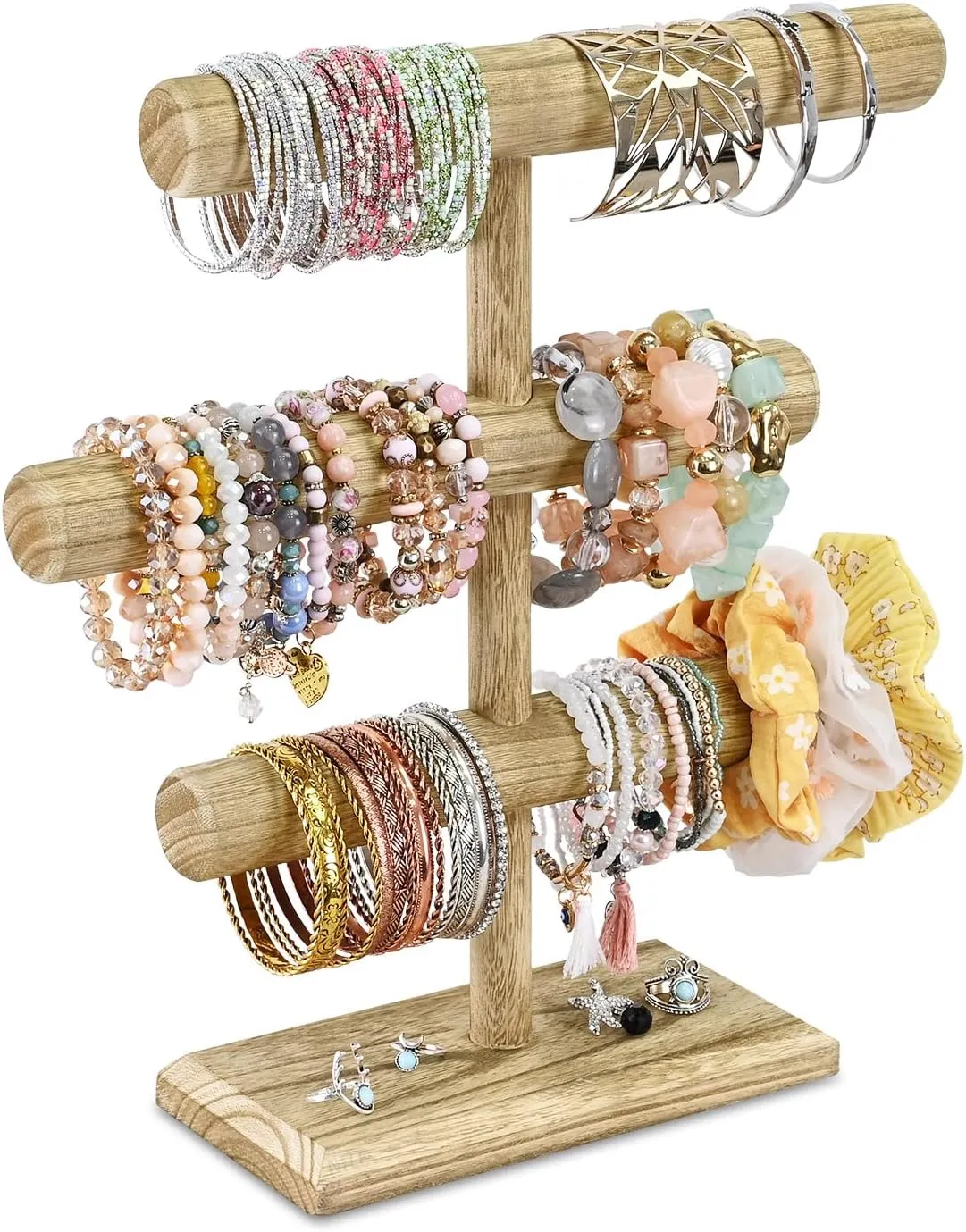MOOCA Free Assembly 3-Tier Wooden Jewelry Display Stand, Bracelets, Necklaces, Watches, Bangles Holder Stand, Accessory Display Storage Organizer, Oak Color