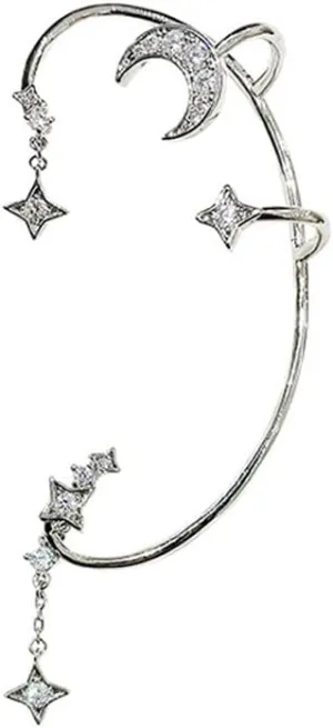 Moon Star Ear Cuff Earrings for Women Non-piercing Adjustable Silver Shining Zircon Aesthetic Cute Edgy Dangle Drop Ear Clip on Cuff Wrap Climber Crawler Earrings for
