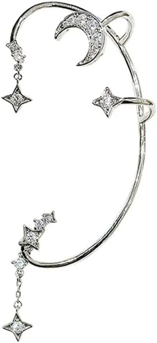 Moon Star Ear Cuff Earrings for Women Non-piercing Adjustable Silver Shining Zircon Aesthetic Cute Edgy Dangle Drop Ear Clip on Cuff Wrap Climber Crawler Earrings for