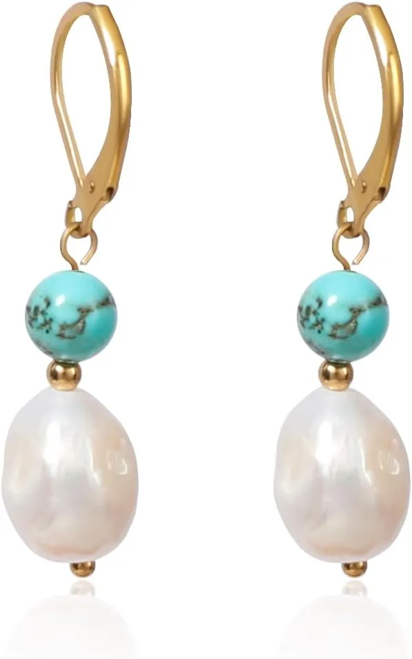Natural Freshwater Pearl Lever Back Earring for Women 18k Real Gold Plated Huggie Hoop Earring Natural Gemstone Pearl Bead Drop Jewelry Gift for Wife Girlfriend Daughter