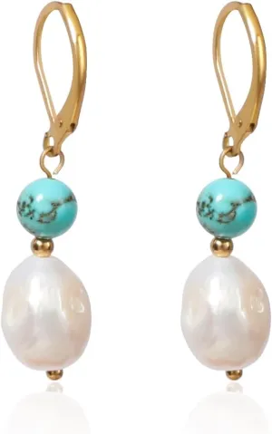 Natural Freshwater Pearl Lever Back Earring for Women 18k Real Gold Plated Huggie Hoop Earring Natural Gemstone Pearl Bead Drop Jewelry Gift for Wife Girlfriend Daughter