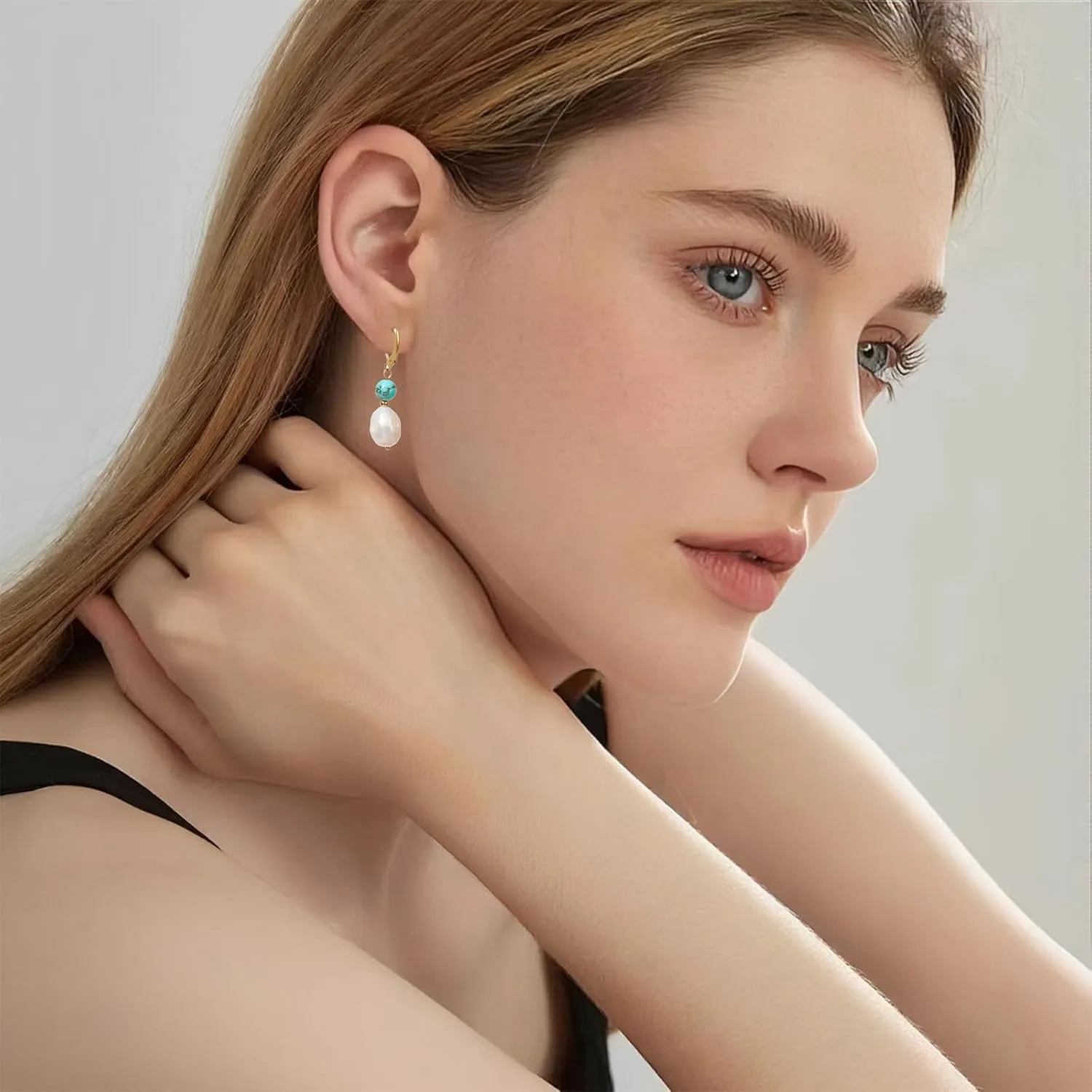 Natural Freshwater Pearl Lever Back Earring for Women 18k Real Gold Plated Huggie Hoop Earring Natural Gemstone Pearl Bead Drop Jewelry Gift for Wife Girlfriend Daughter