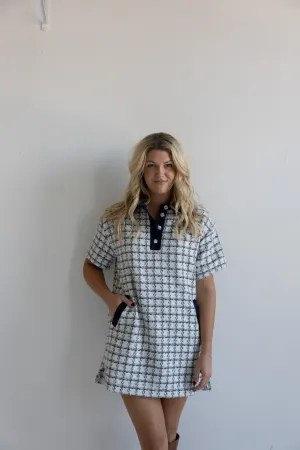 Navy Trim Tweed Polo Dress