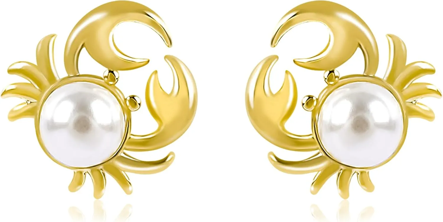 NEKOL Crab Pearl Stud Earrings for Women, Cute Crab Tiny Small Stud Earrings Ocean Theme Sea Crab Earrings Charm Animal Pearl Crab Stud Earring Unique Jewelry Gifts Birthday Christmas, gold