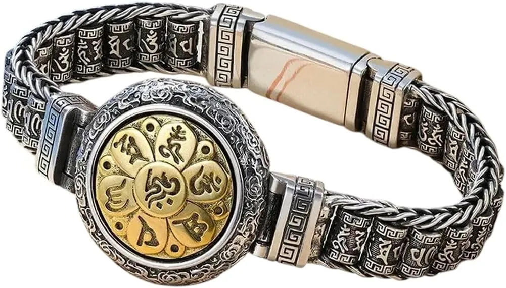 New 2026 Unisex 925 Silver Fashion Six Character Mantra Rotating Prayer Wheel Rotate Flower Bracelet Men's Thick Chain Bangles With You Accessories Trendy Best For Gift Women And Men