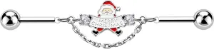 OUFER Christmas Industrial Piercing Jewelry, Santa Claus 14G Bar, 316L Surgical Steel Earrings Barbells Chain, Clear CZ Christmas Earrings for Women Men - 38mm