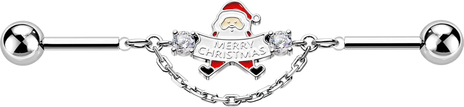 OUFER Christmas Industrial Piercing Jewelry, Santa Claus 14G Bar, 316L Surgical Steel Earrings Barbells Chain, Clear CZ Christmas Earrings for Women Men - 38mm