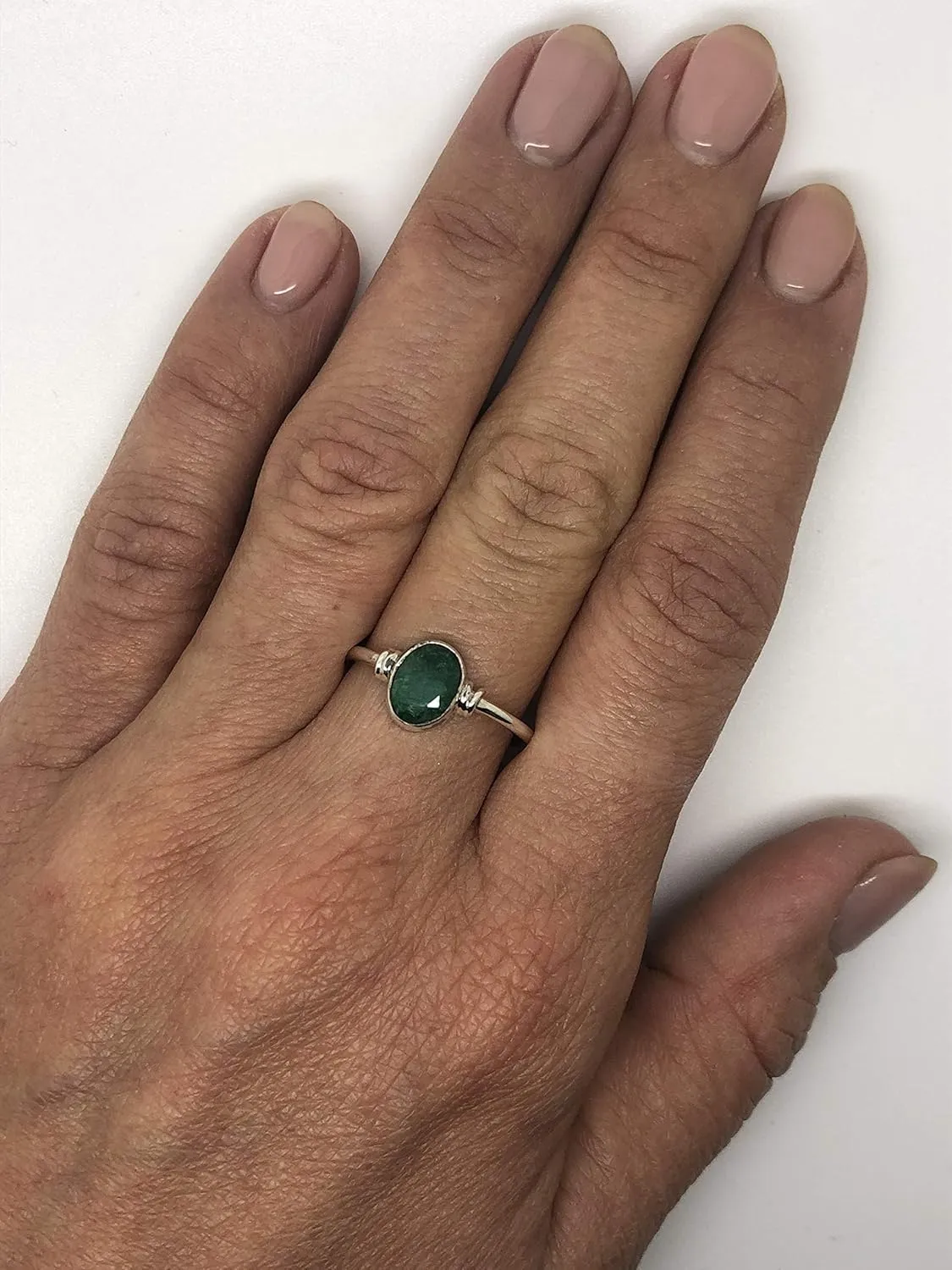 Oval Created Emerald Delicate Ring- 925 Sterling Silver - Ethnic Boho Chic Hand Made Jewelry Us Size 5-10