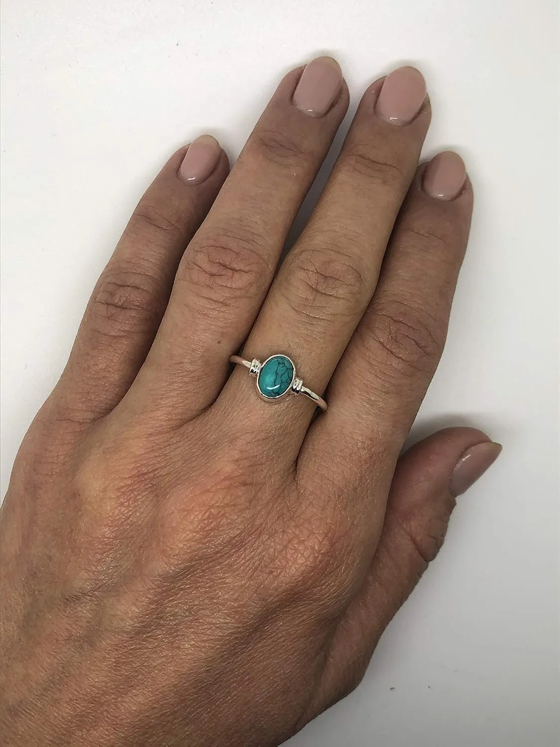Oval Synthetic Turquoise Delicate Ring -925 Sterling Silver - Ethnic Boho Chic Hand Made Jewelry - Us Size 5-10