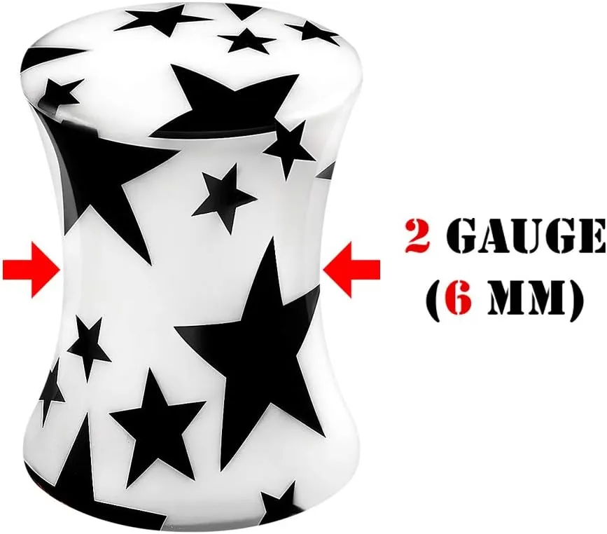 Pair of Acrylic Black Star Logo Double Flared Saddle Piercing Jewelry Stretcher Earring Ear Lobe Flesh Plugs