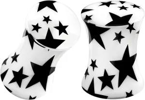 Pair of Acrylic Black Star Logo Double Flared Saddle Piercing Jewelry Stretcher Earring Ear Lobe Flesh Plugs