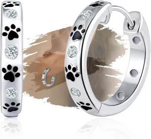 Paw Print Earrings for Women Sterling Silver Cute Pet Puppy Cat Dog Paw Print Hoop Earrings Hypoallergenic Cubic Zirconia Dainty Loop Jewelry Gifts