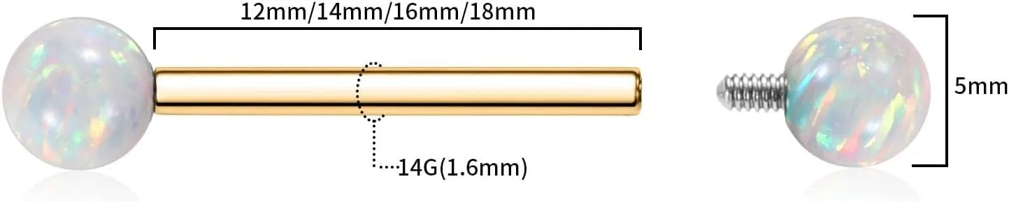 PEAKLINK 14G Titanium Nipple Rings & Barbell - CZ Opal Bridge Piercing Jewelry - Straight Internally Threaded - 12-18mm