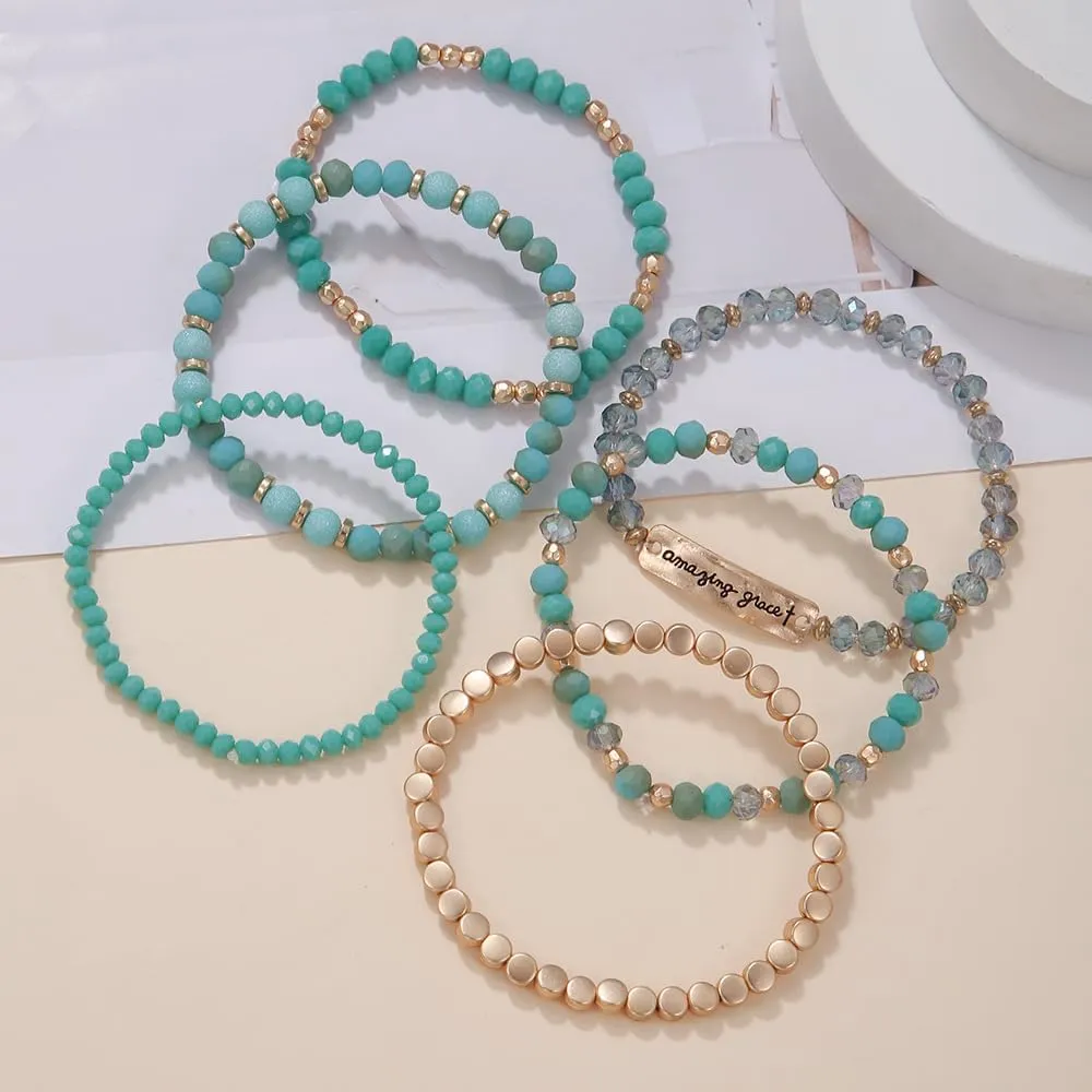 Pingyongchang Turquoise Crystal Stackable Beaded Bracelets Set for Women Girls Stretch Cuff Friendship Statement Boho Summer Beach Birthday Memorial Day Gifts