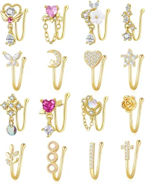 PLOMFOV 16Pcs Fake Nose Ring for Women African Nose Cuffs Faux Clip on Dangling Nose Ring Cuffs for Non Pierced Nose