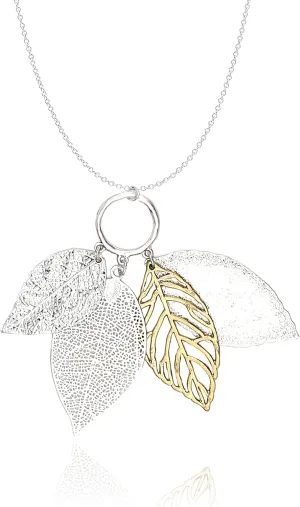 POMINA Gold Silver Two Tone Filigree Fall Leaf Pendant Long Necklace Chic Sweater Chain Statement Necklace for Women