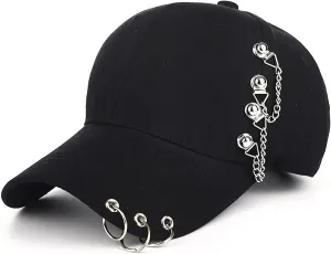 Punk Chain Baseball Ccap with Piercing Rings and Metal Accents, Gothic Streetwear Hat for Men and Women