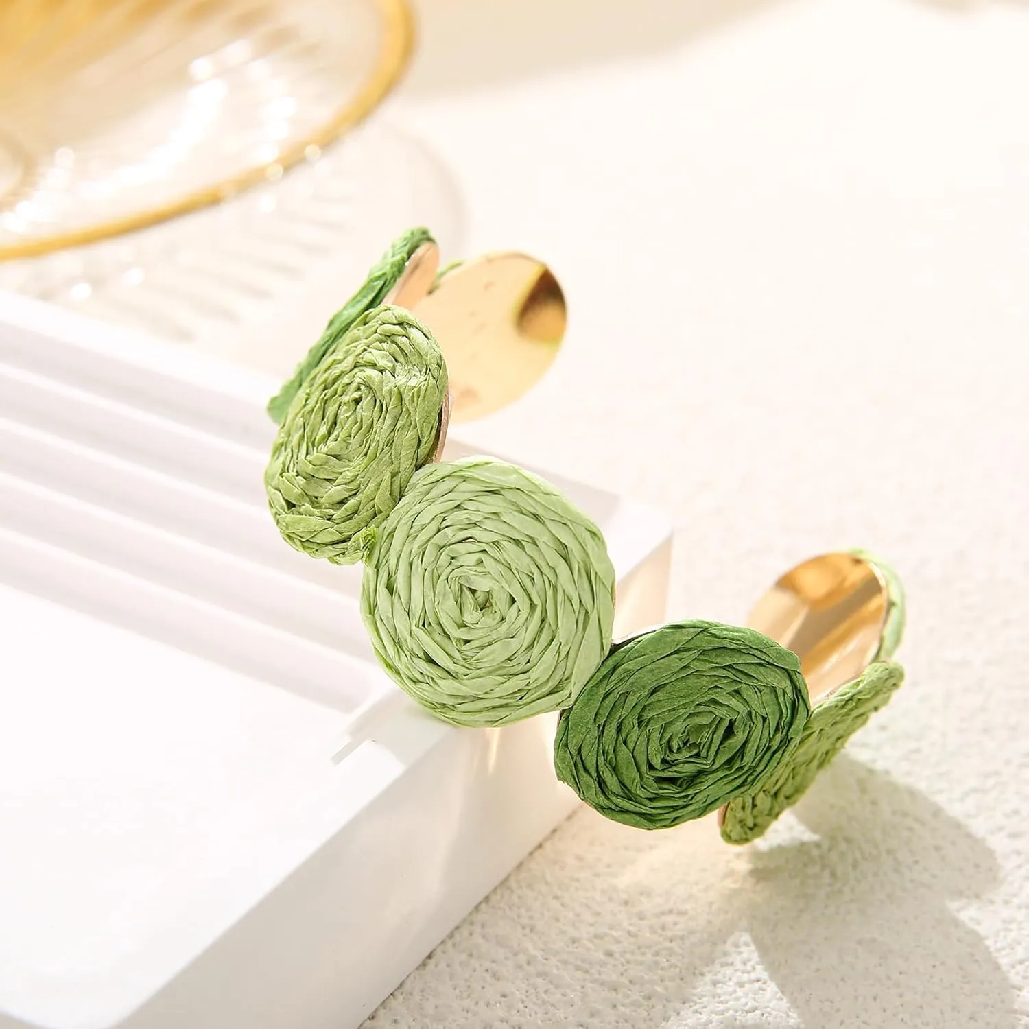 Raffia Multiple Circles Cuff Bracelet for Women, Handmade Colorful Round Bangle Geometric Adjustable Statement Bracelet