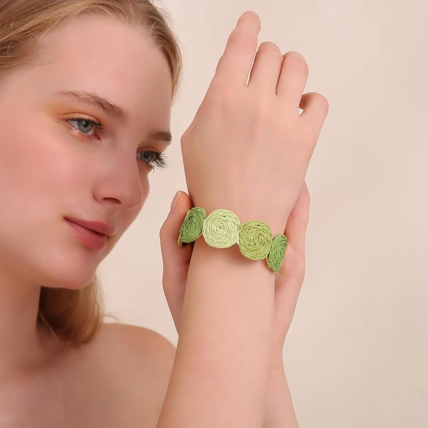 Raffia Multiple Circles Cuff Bracelet for Women, Handmade Colorful Round Bangle Geometric Adjustable Statement Bracelet