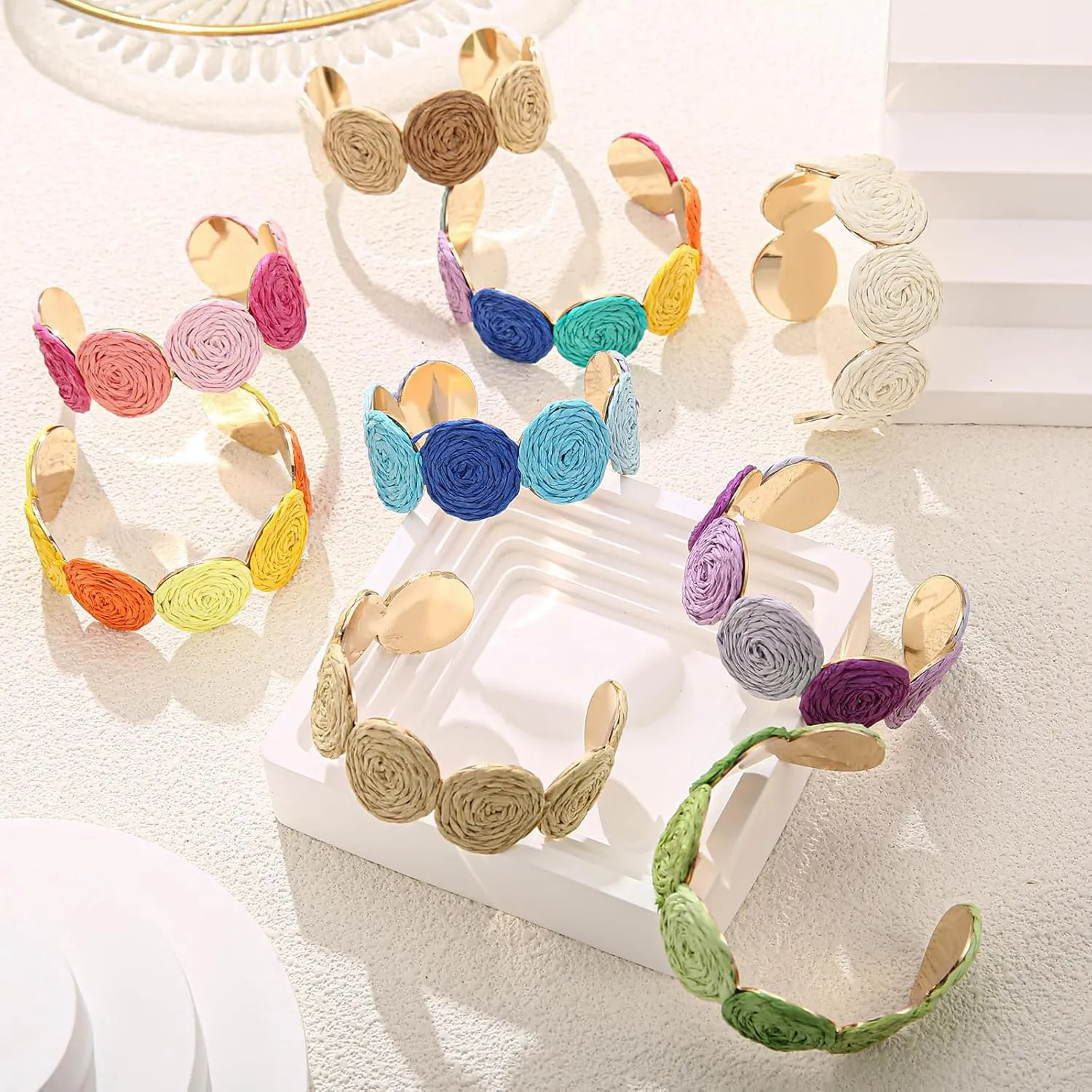 Raffia Multiple Circles Cuff Bracelet for Women, Handmade Colorful Round Bangle Geometric Adjustable Statement Bracelet