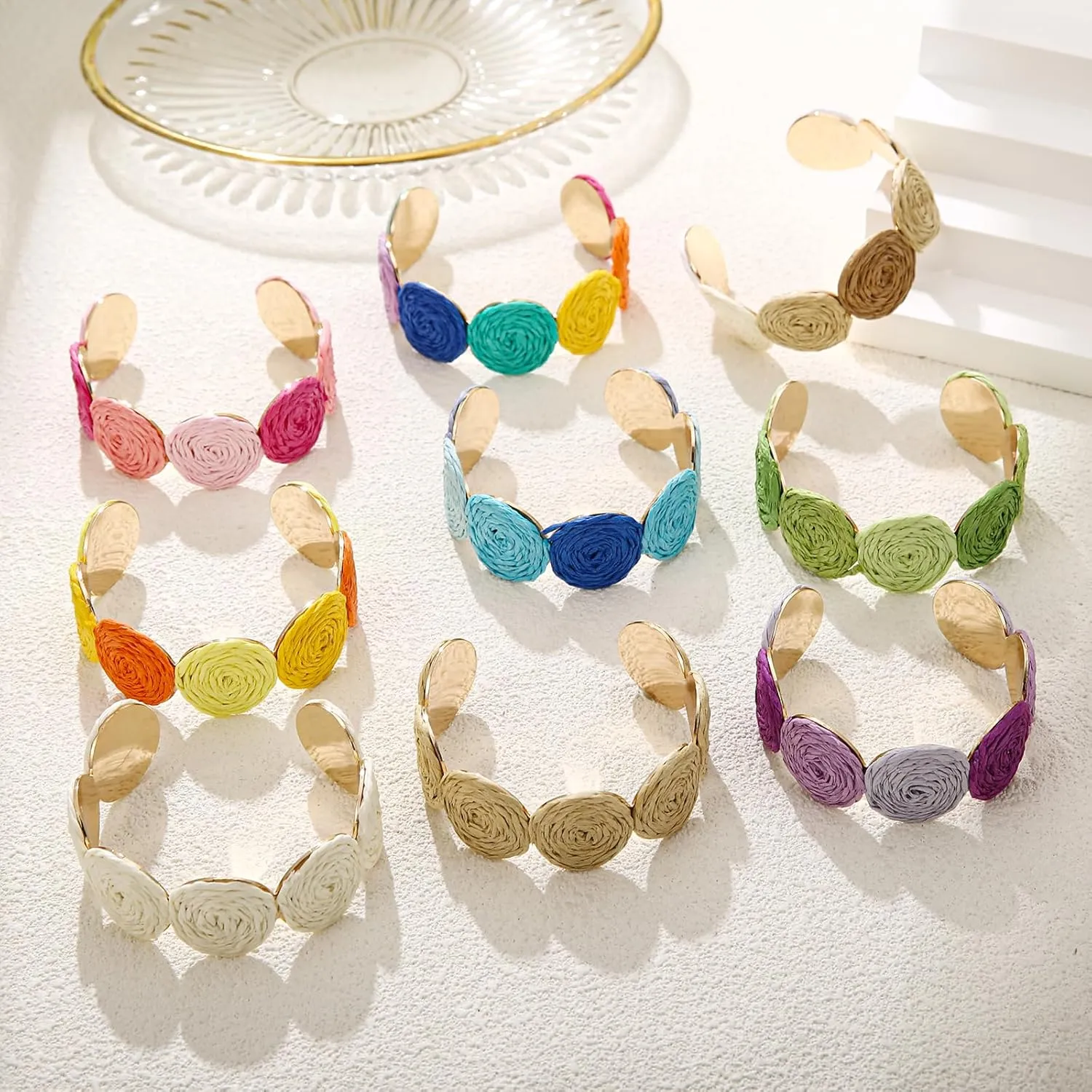 Raffia Multiple Circles Cuff Bracelet for Women, Handmade Colorful Round Bangle Geometric Adjustable Statement Bracelet