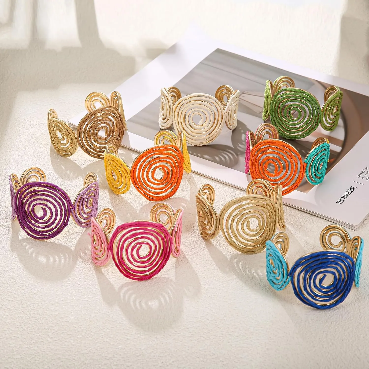 Raffia Spiral Cuff Bracelet for Women, Colorful Swirl Bangle Chunky Bangle Handmade Rattan Statement Bracelet