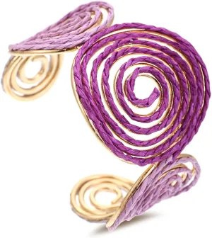 Raffia Spiral Cuff Bracelet for Women, Colorful Swirl Bangle Chunky Bangle Handmade Rattan Statement Bracelet